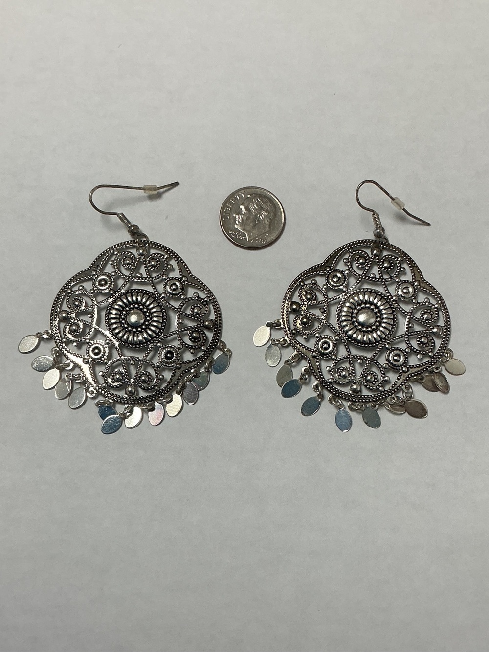 Vintage Avon Silver Filigree Mandala Drop Earrings with Dangle Discs